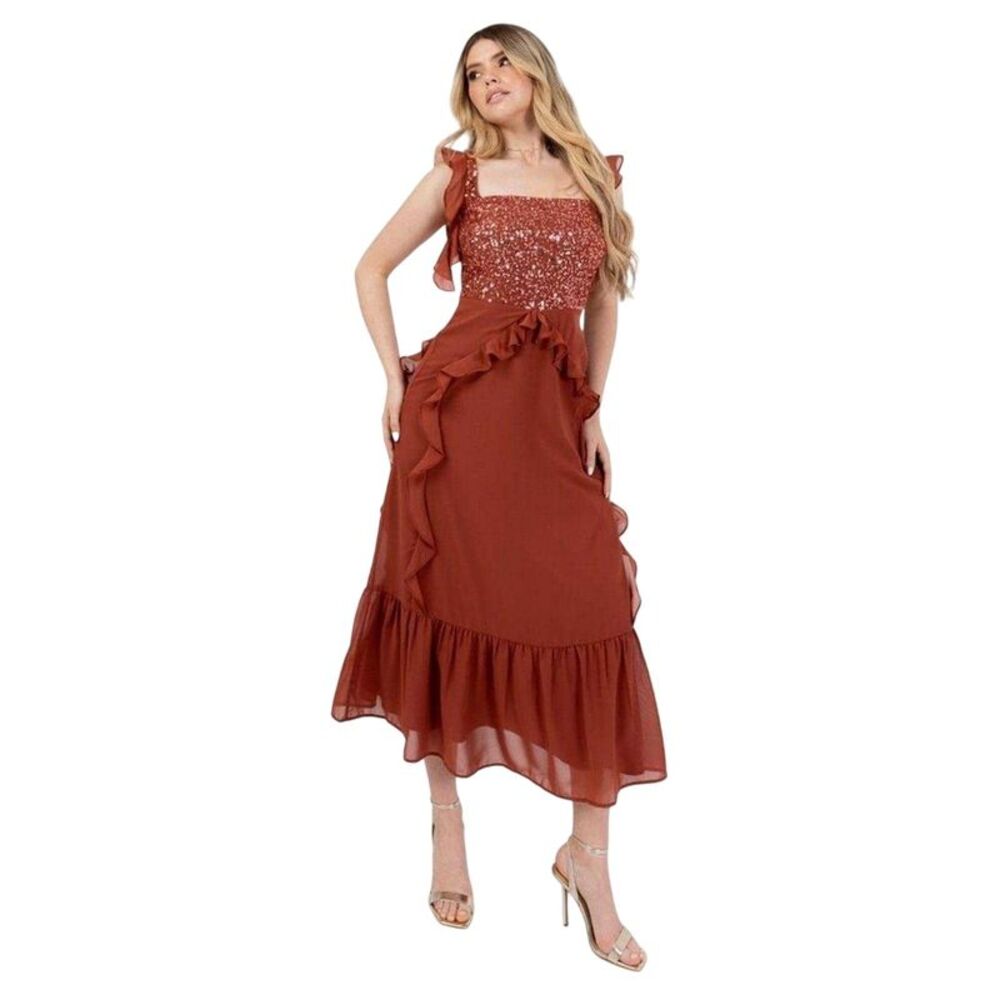 Maya Deluxe Womens/Ladies Sequin Square Neck Sleeveless Midi Dress / Rust